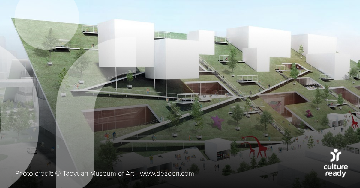 A digital rendering of the Taoyuan Museum of Fine Art displays a sloped green roof with white boxes, trees, and walk ways